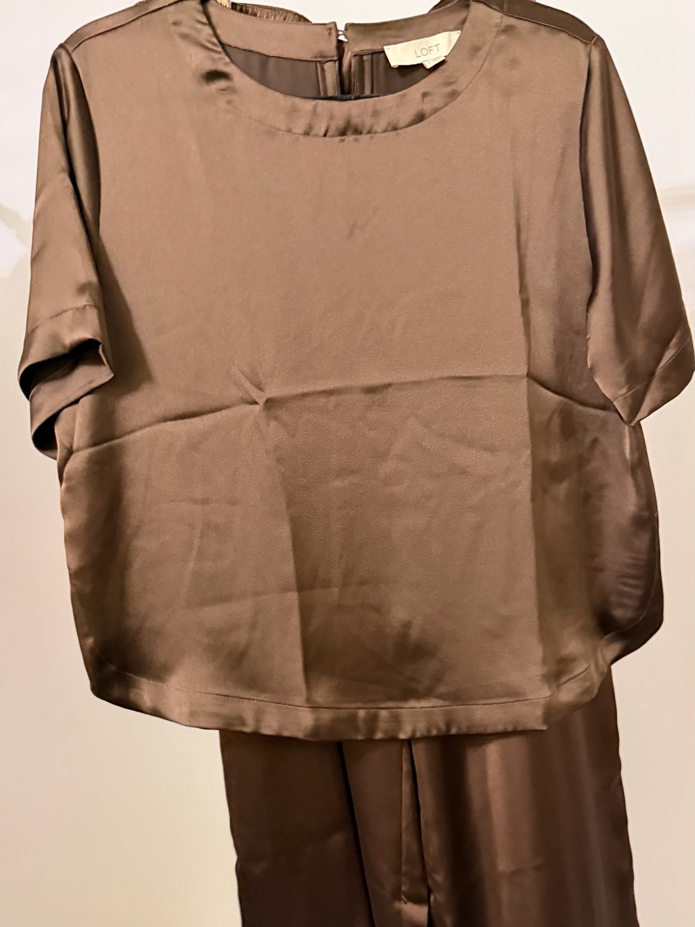 LOFT Brown Satin Short Sleeve Blouse & Pants